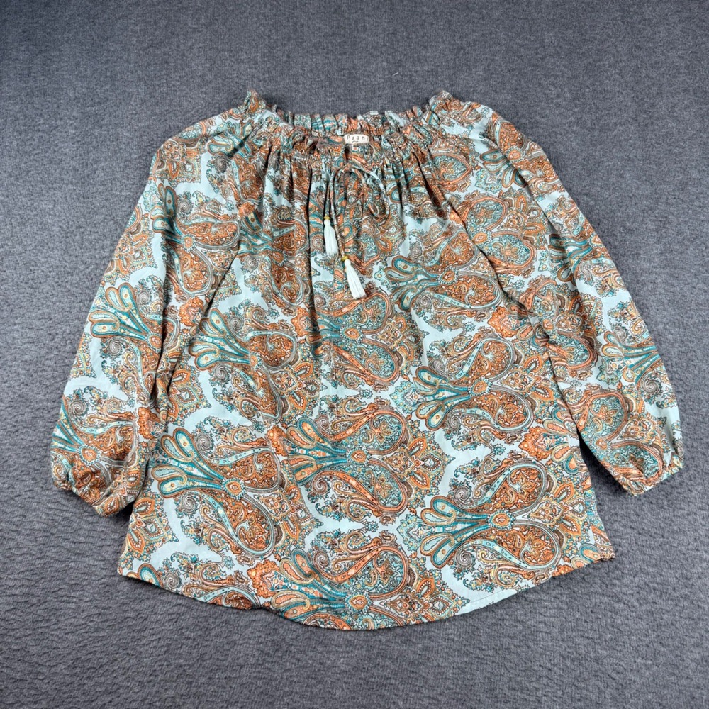 Paani Paisley Blouse Women's Small Blue Orange Tassel Tie Metallic Peasant Top